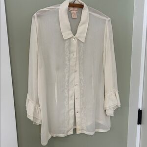 April Cornell sz med NWT blouse gently worn micro gingham rayon cream light lace